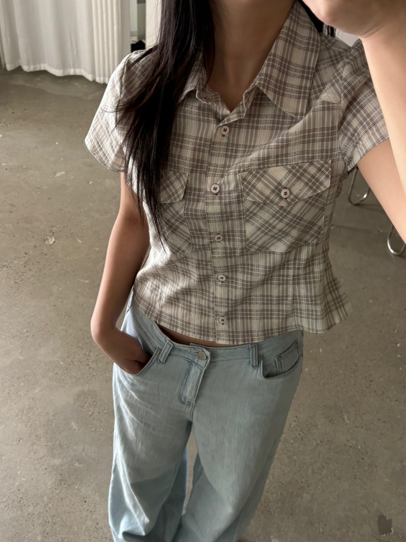 Verbena韓國直郵㊣女裝新款推薦25春夏熱賣休閑襯衫蕾絲衫格紋Verbena襯衫/蕾絲衫