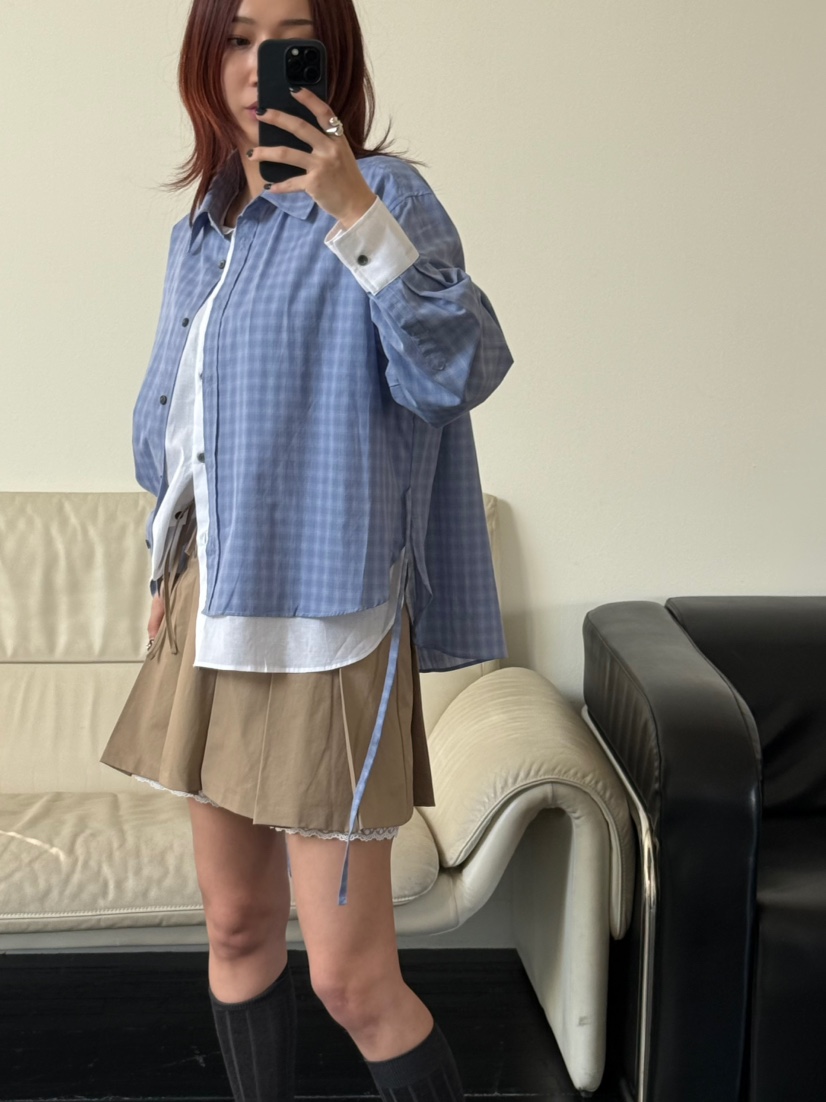 OVER NEAP直郵韓國代購㊣女裝新品人氣時尚襯衫蕾絲衫格紋OVER NEAR襯衫/蕾絲衫