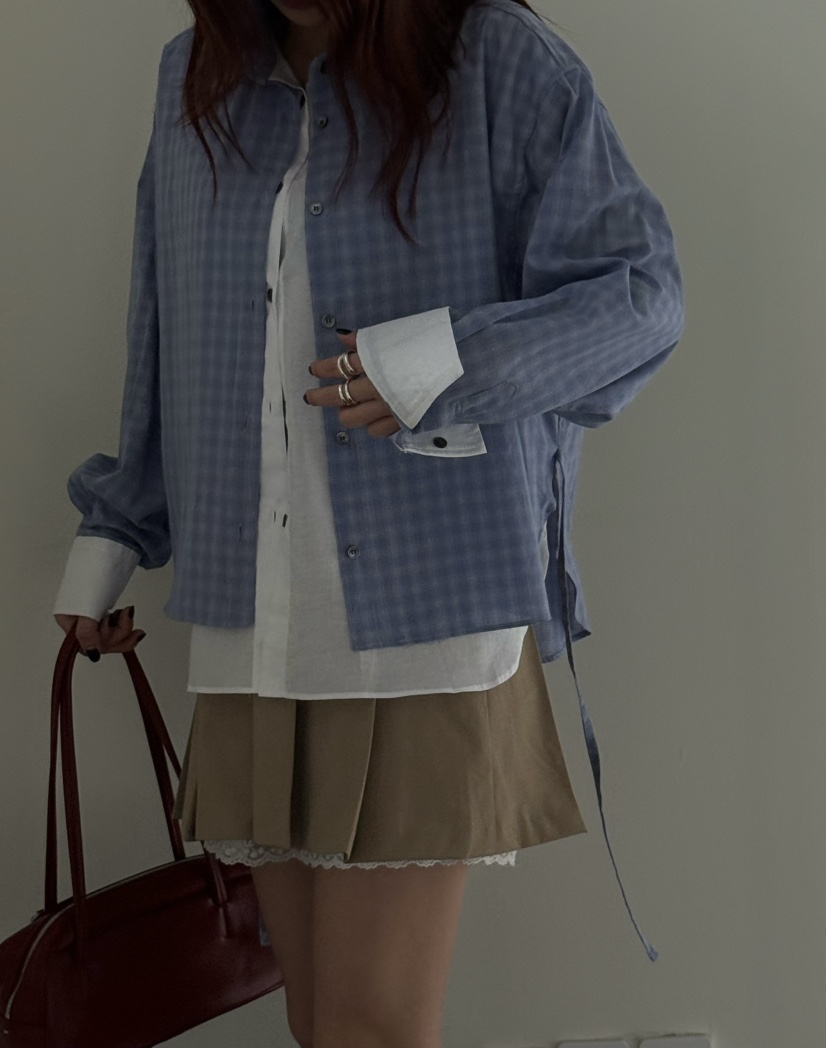 OVER NEAP直郵韓國代購㊣女裝新品人氣時尚襯衫蕾絲衫格紋OVER NEAR襯衫/蕾絲衫