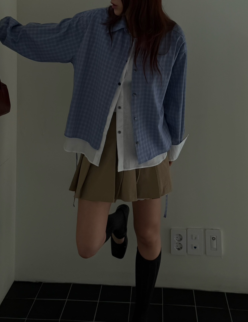 OVER NEAP直郵韓國代購㊣女裝新品人氣時尚襯衫蕾絲衫格紋OVER NEAR襯衫/蕾絲衫