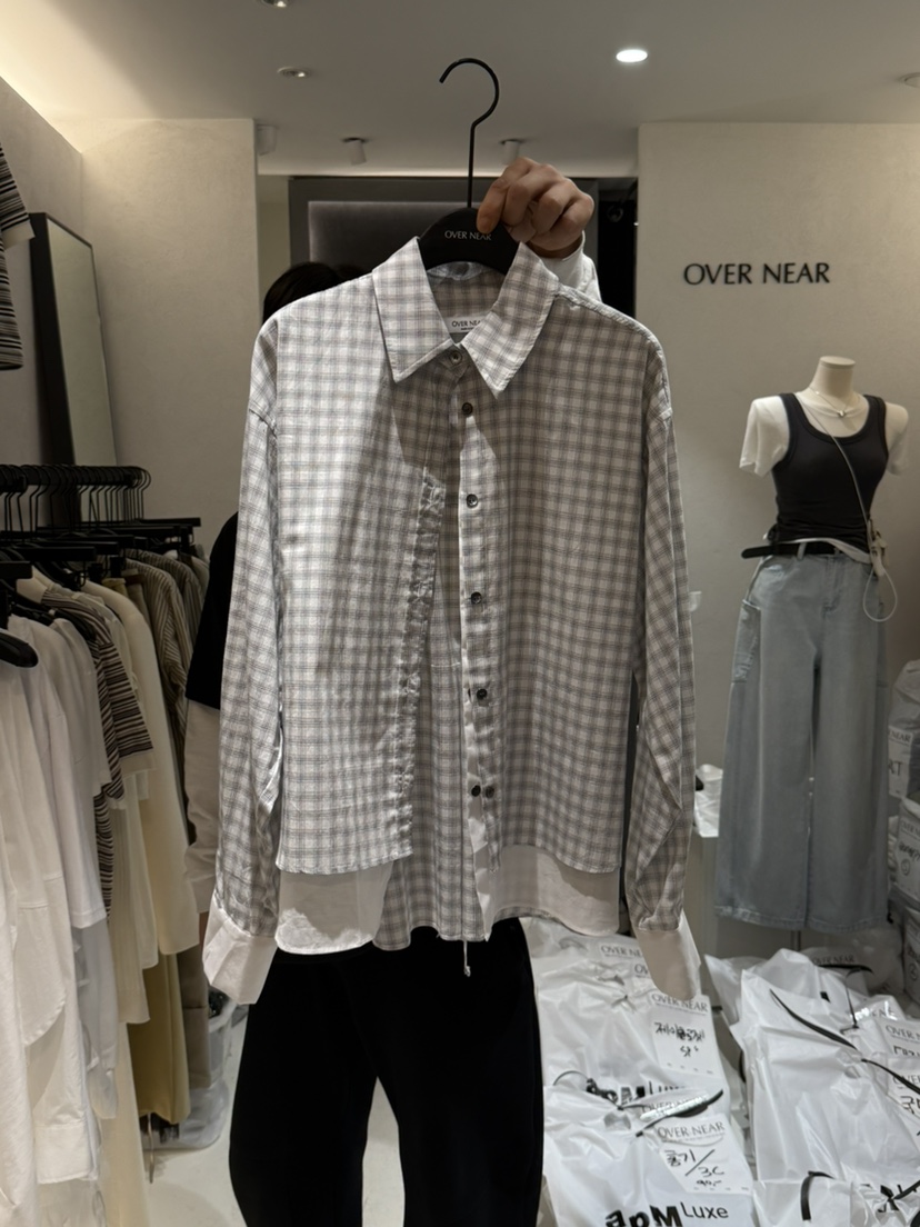 OVER NEAP直郵韓國代購㊣女裝新品人氣時尚襯衫蕾絲衫格紋OVER NEAR襯衫/蕾絲衫