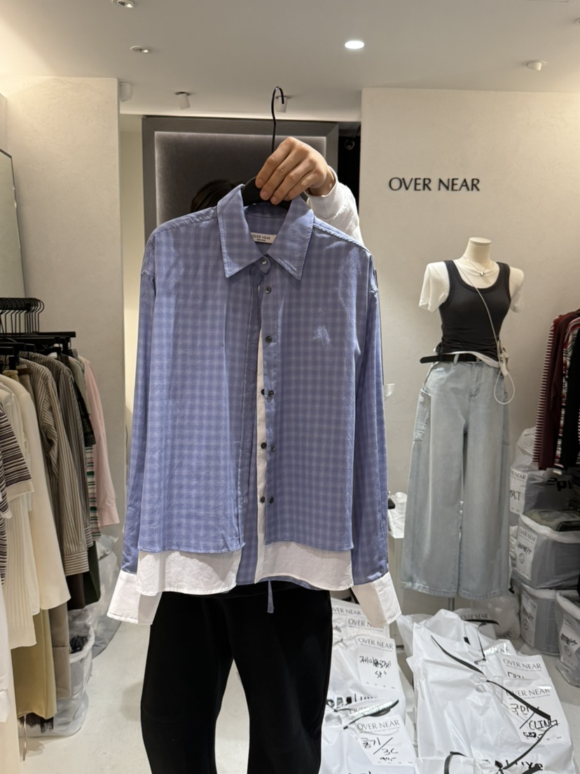 OVER NEAP直郵韓國代購㊣女裝新品人氣時尚襯衫蕾絲衫格紋OVER NEAR襯衫/蕾絲衫圖色3