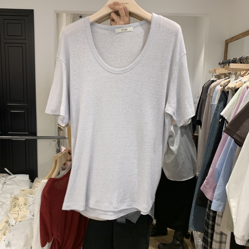 VENIR-a韓國㊣直郵東大門代購女裝新品時尚休閑熱賣T恤亞麻VENIR-aT恤圖色3
