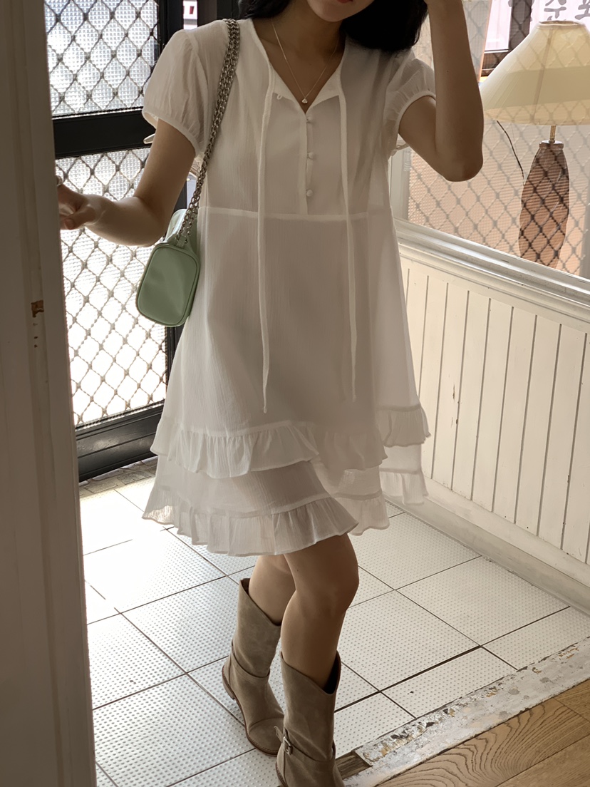 FRILL-T韓國直郵女裝新品熱賣25春夏休閑人氣連衣裙荷葉邊FRILL-T連衣裙