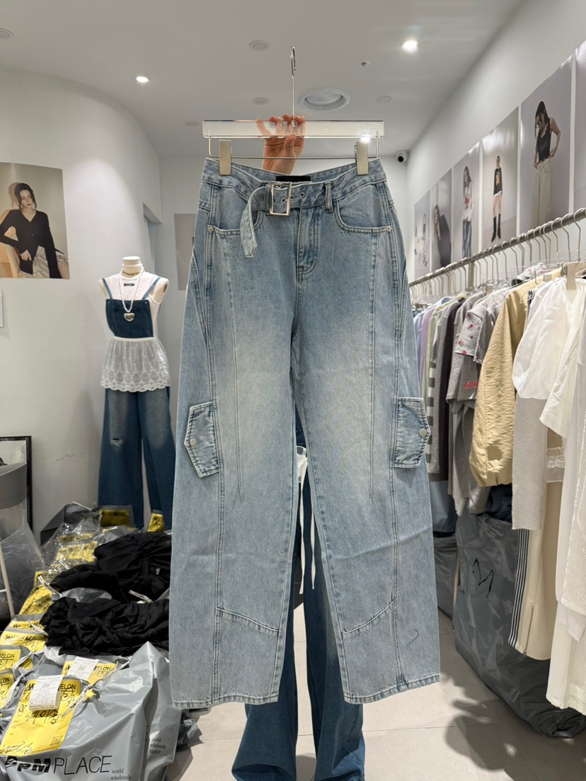 WATERMELON韓國㊣直郵東大門代購女裝新款25春夏牛仔褲腰帶WATERMELON牛仔褲