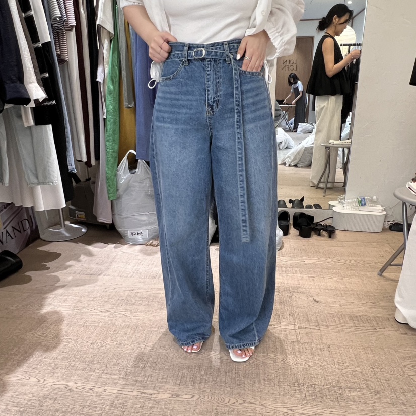 W AND J韓國直郵㊣女裝新品時尚25春夏熱賣休閑牛仔褲含腰帶W AND J牛仔褲