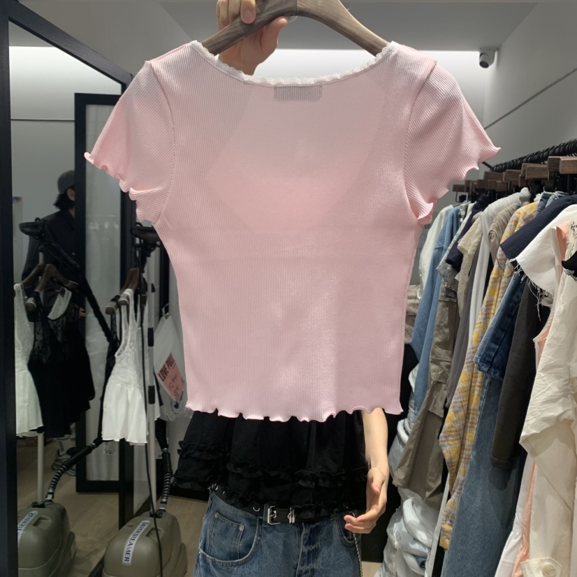 LOVE PULL韓國直郵㊣東大門實拍女裝新品休閑時尚T恤蕾絲紐扣LOVE PULLT恤