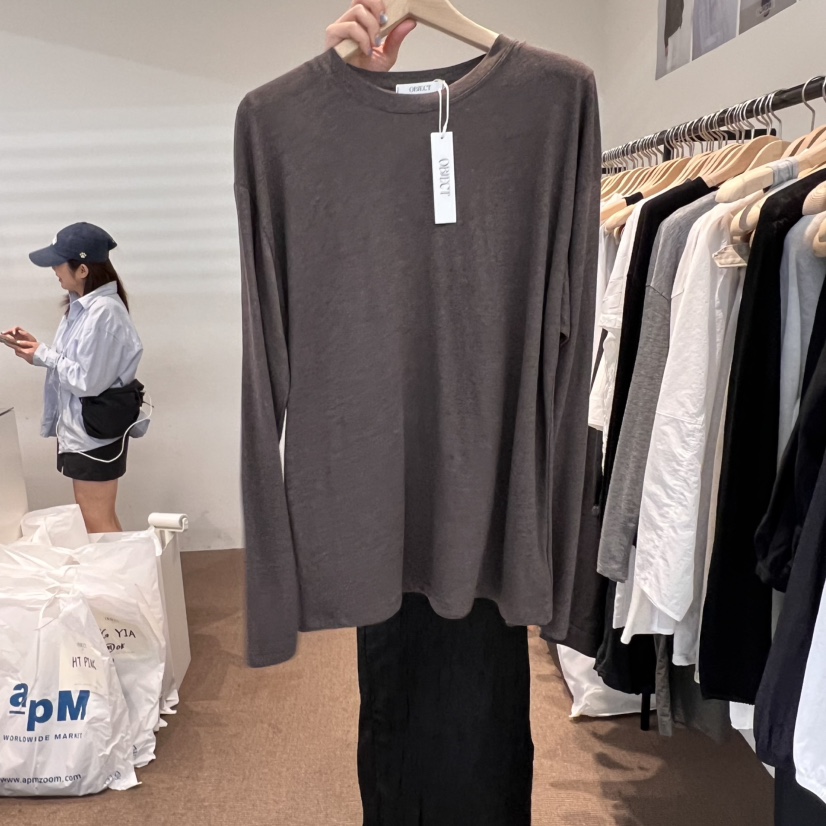 OBJECT直郵韓國代購㊣女裝新品休閑推薦人氣長袖T恤亞麻寬松OBJECT長袖T恤圖色2
