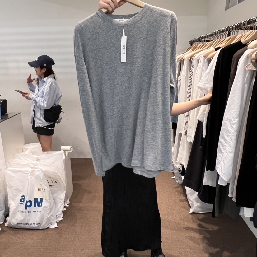OBJECT直郵韓國代購㊣女裝新品休閑推薦人氣長袖T恤亞麻寬松OBJECT長袖T恤圖色3