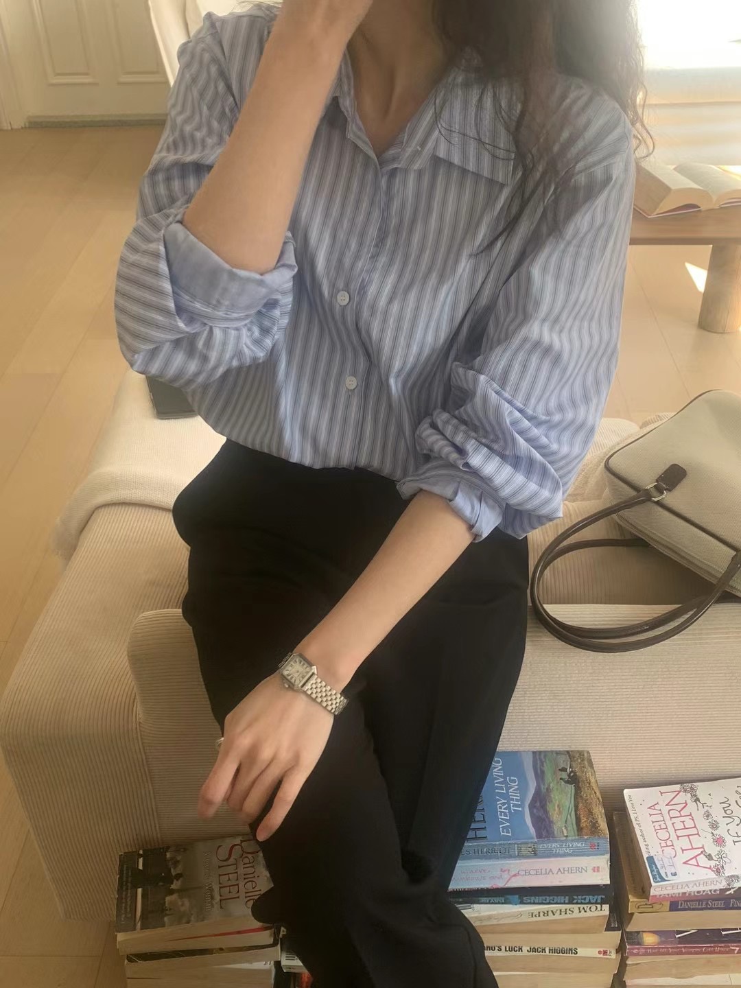 BABER韓國㊣直郵東大門代購女裝新品時尚休閑襯衫蕾絲衫條紋BABER襯衫/蕾絲衫