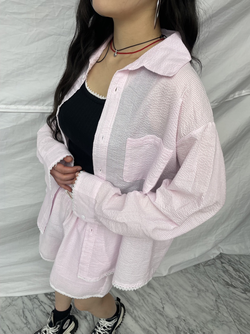 PAIRING直郵韓國代購㊣女裝新品休閑推薦襯衫蕾絲衫蕾絲條紋PAIRING襯衫/蕾絲衫