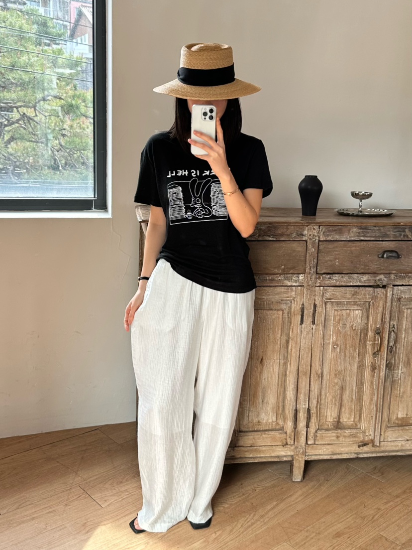 LE VASE韓國直郵㊣東大門實拍女裝新品休閑時尚25春夏T恤亞麻LE VASET恤
