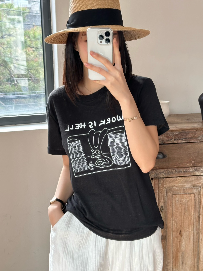 LE VASE韓國直郵㊣東大門實拍女裝新品休閑時尚25春夏T恤亞麻LE VASET恤