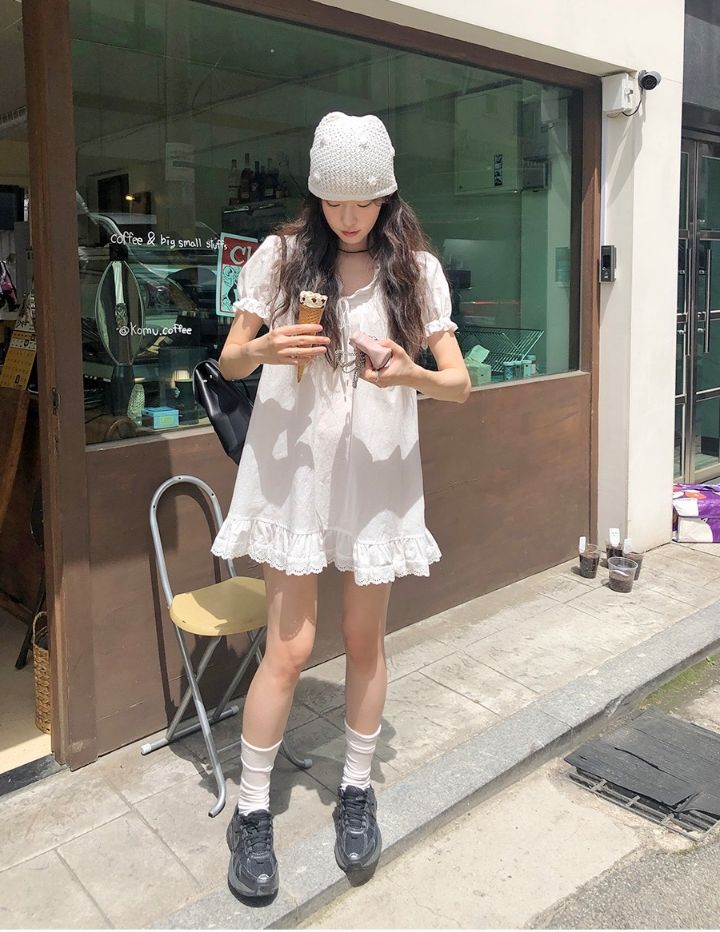 STAY HERE直郵韓國代購㊣女裝新品時尚25春夏連衣裙荷葉邊STAY HERE連衣裙