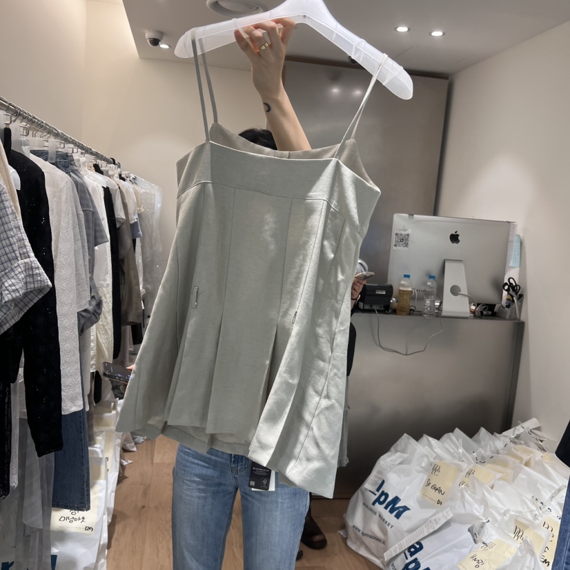 MEET ME韓國㊣直郵東大門代購女裝新款休閑吊帶背心不含腰帶褶皺亞麻MEET ME吊帶/背心