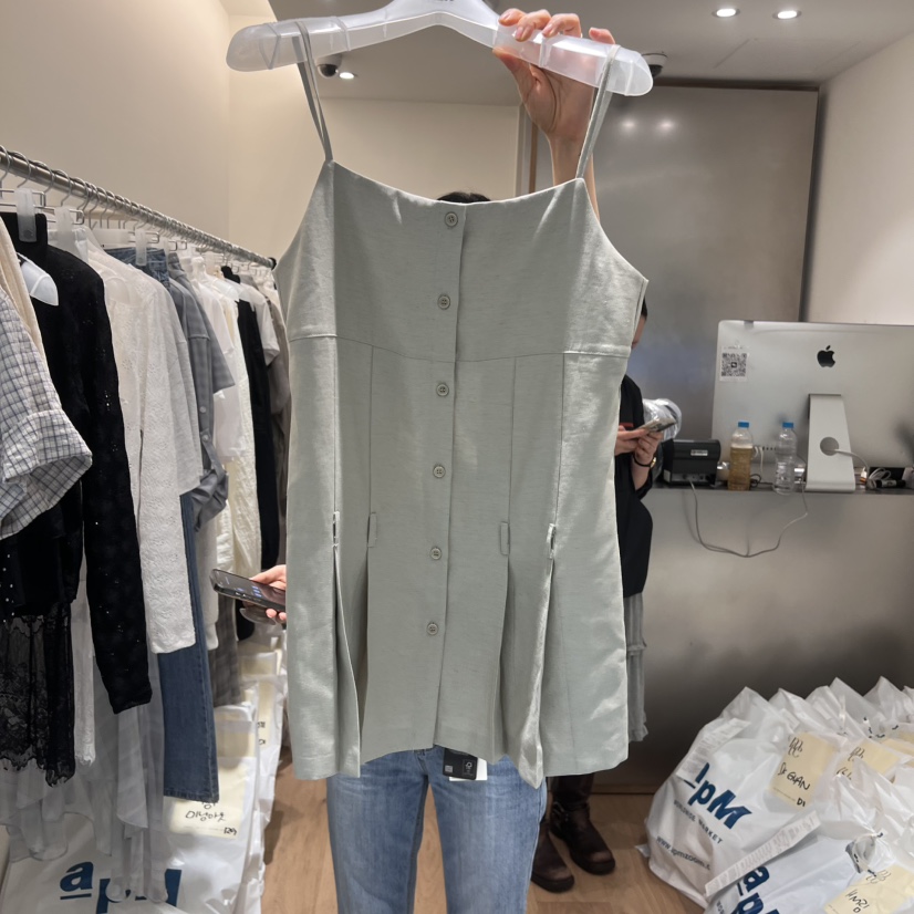 MEET ME韓國㊣直郵東大門代購女裝新款休閑吊帶背心不含腰帶褶皺亞麻MEET ME吊帶/背心圖色2