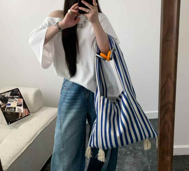 TROUVAILLE韓國直郵㊣東大門實拍女裝新品休閑推薦手提包條紋TROUVAILLE手提包