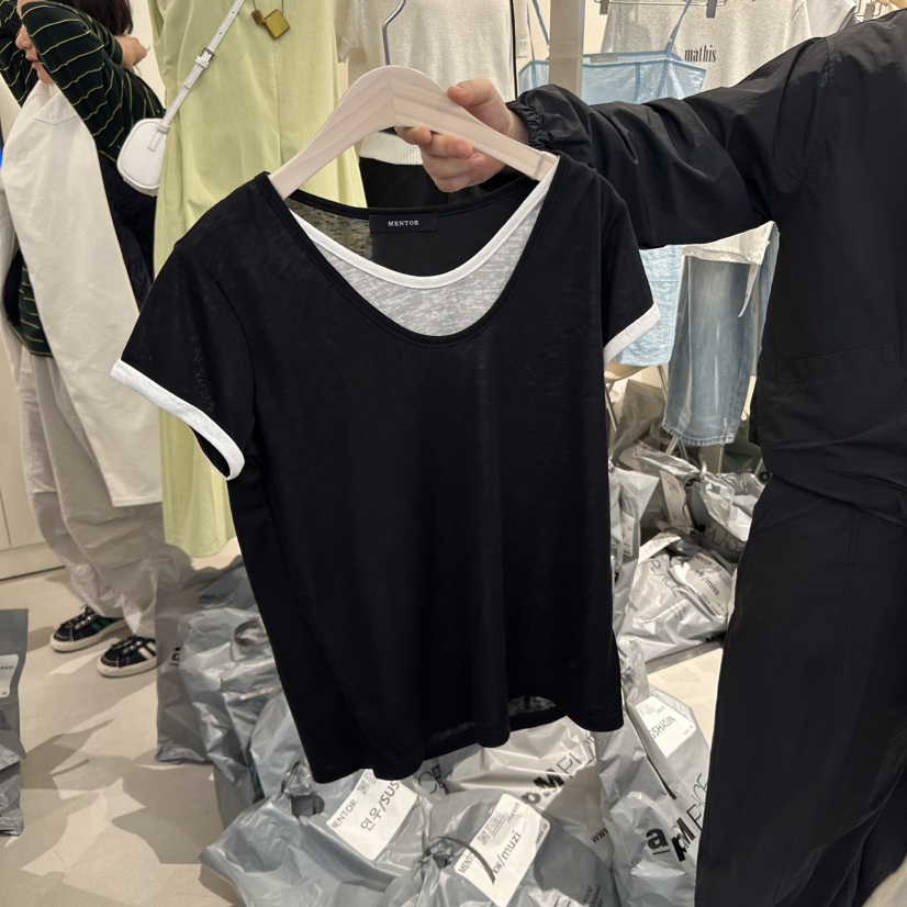MENTOR韓國直郵㊣東大門實拍女裝新品推薦熱賣T恤含小包雙層MENTORT恤圖色2