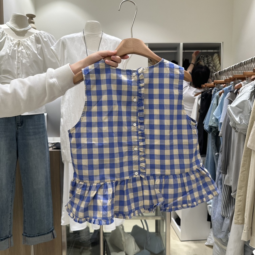 MELO韓國直郵㊣東大門實拍女裝新品熱賣吊帶背心荷葉邊格紋MELO吊帶/背心