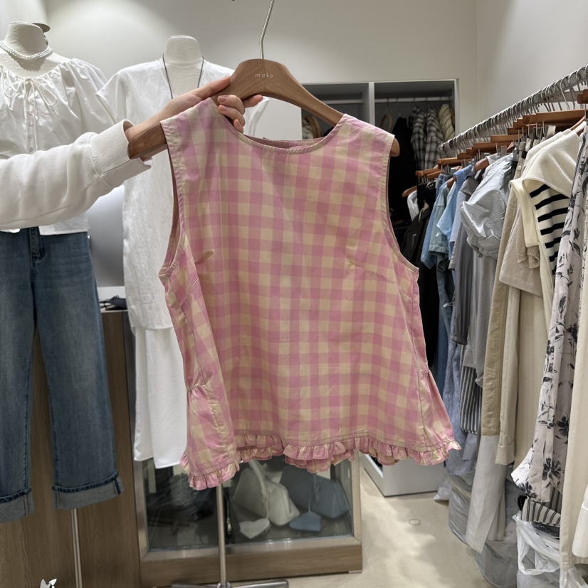 MELO韓國直郵㊣東大門實拍女裝新品熱賣吊帶背心荷葉邊格紋MELO吊帶/背心圖色1
