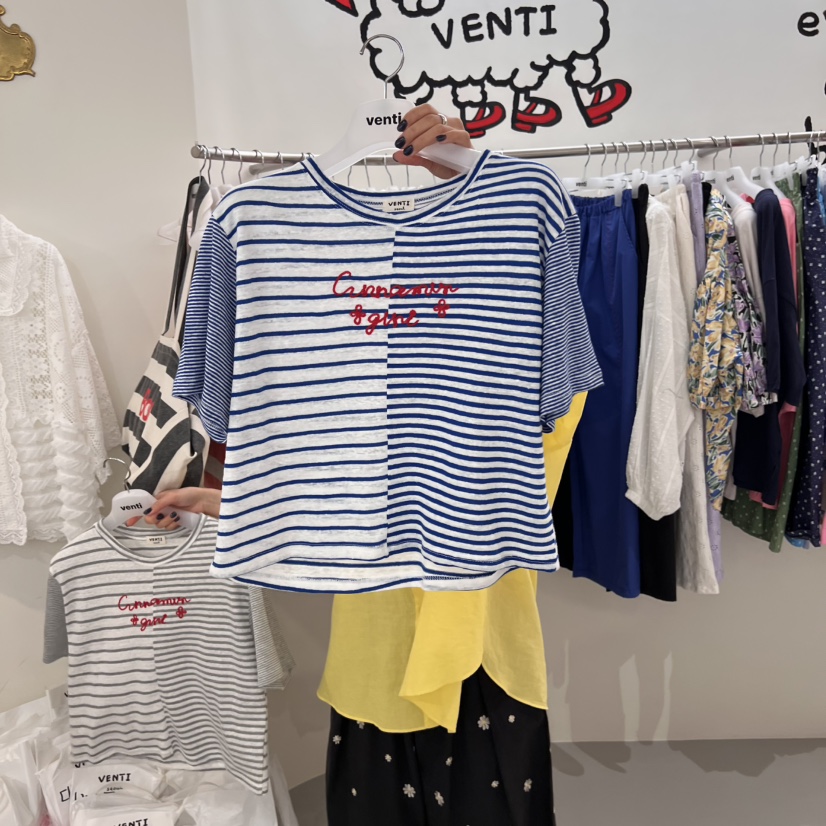 VENTI韓國㊣直郵東大門代購女裝新品熱賣25春夏時尚T恤亞麻布VENTIT恤圖色1