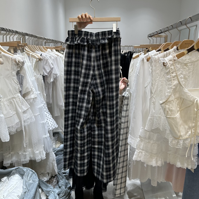 RE STYLE-Q韓國直郵㊣東大門實拍女裝新款人氣休閑褲荷葉邊格紋RE STYLE休閑褲