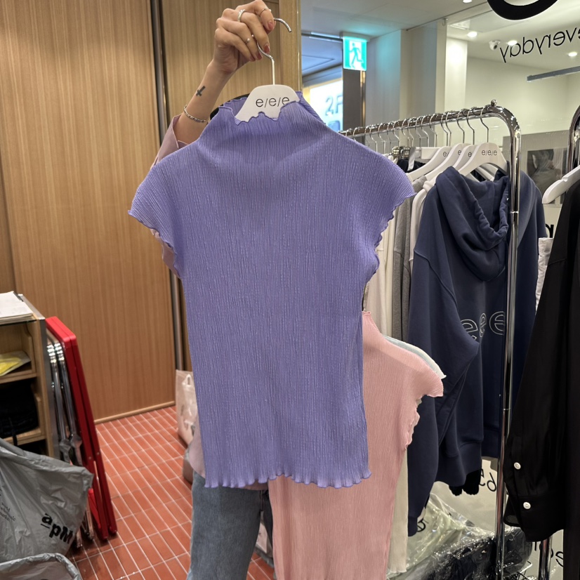 E/E/E韓國直郵㊣女裝新品25春夏休閑推薦熱賣時尚T恤褶皺E/E/ET恤圖色4