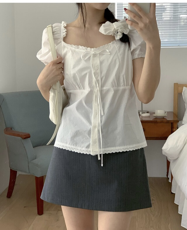FRILL-T韓國直郵㊣女裝新款熱賣休閑時尚人氣25春夏襯衫蕾絲衫FRILL-T襯衫/蕾絲衫