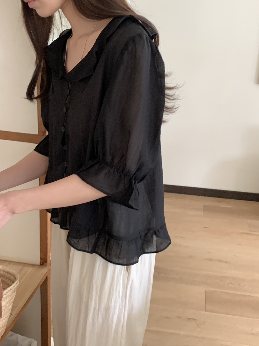 FRILL-T韓國㊣直郵東大門代購女裝新款休閑25春夏襯衫蕾絲衫FRILL-T襯衫/蕾絲衫