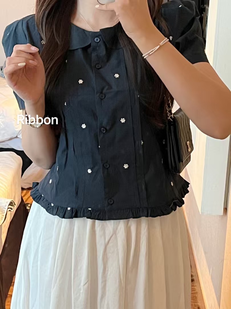 FRILL-T韓國直郵㊣女裝新品25春夏人氣熱賣襯衫蕾絲衫刺繡FRILL-T襯衫/蕾絲衫