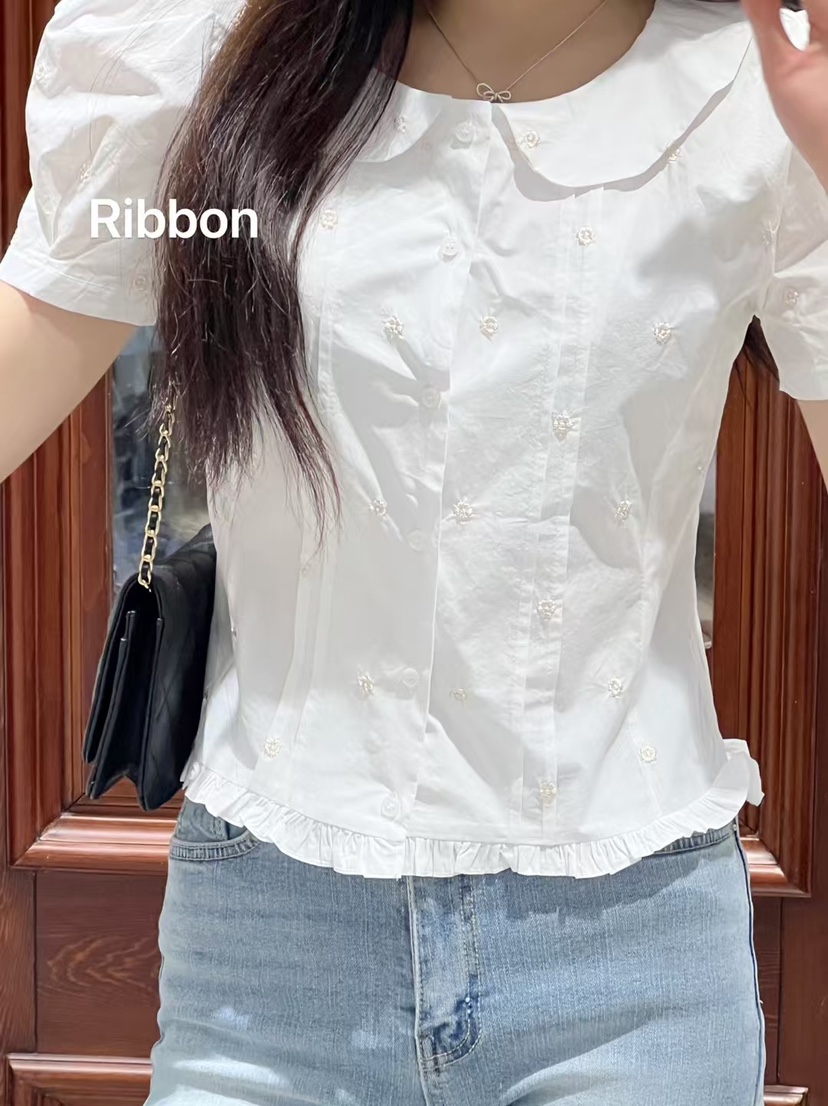 FRILL-T韓國直郵㊣女裝新品25春夏人氣熱賣襯衫蕾絲衫刺繡FRILL-T襯衫/蕾絲衫
