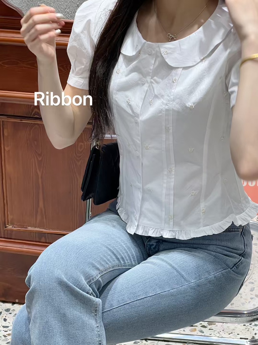 FRILL-T韓國直郵㊣女裝新品25春夏人氣熱賣襯衫蕾絲衫刺繡FRILL-T襯衫/蕾絲衫