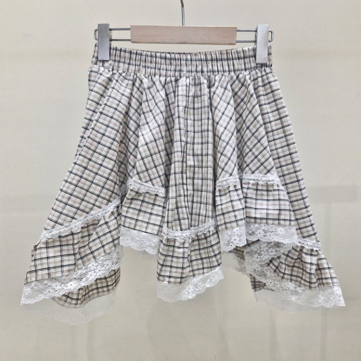 IF U-이퓨-T直郵韓國代購㊣女裝新款25春夏短裙格紋半身裙蕾絲IF U短裙