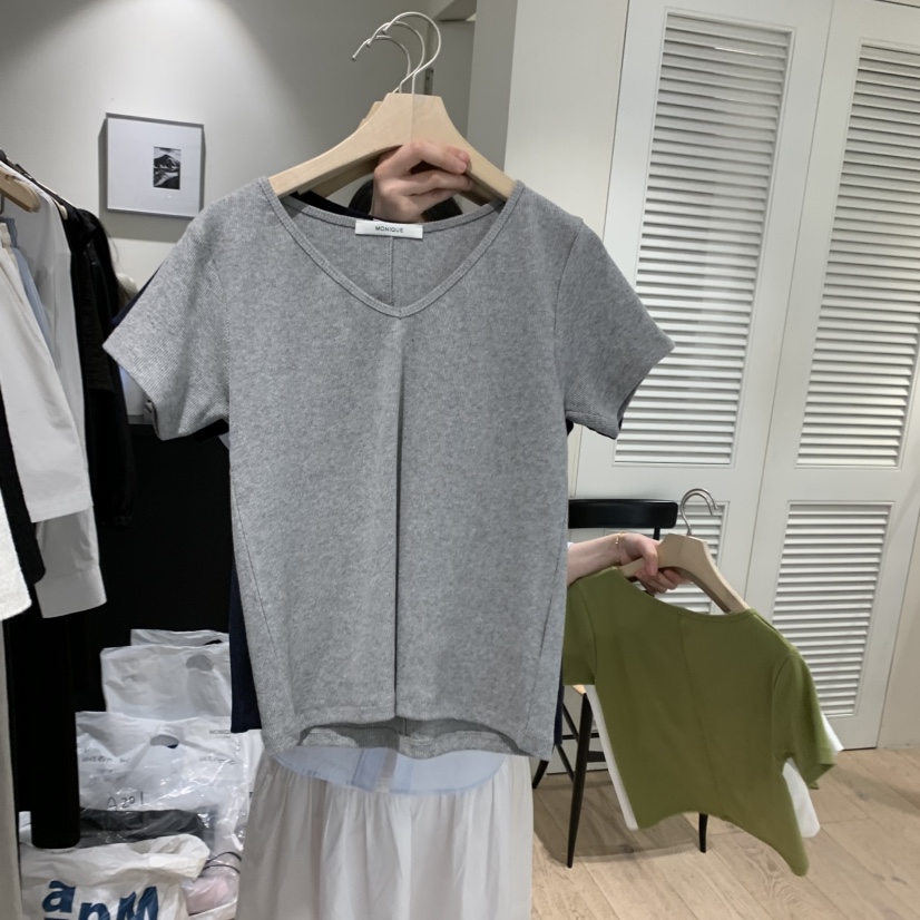 MONIQUE直郵韓國代購㊣女裝新款休閑25春夏推薦人氣時尚T恤V領MONIQUET恤圖色3
