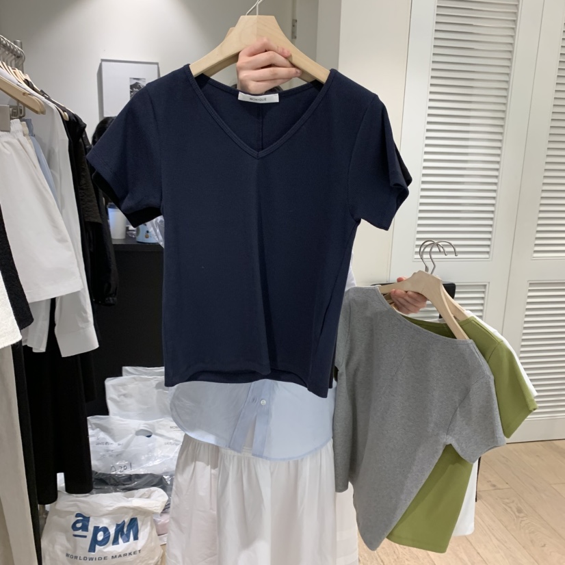 MONIQUE直郵韓國代購㊣女裝新款休閑25春夏推薦人氣時尚T恤V領MONIQUET恤圖色4