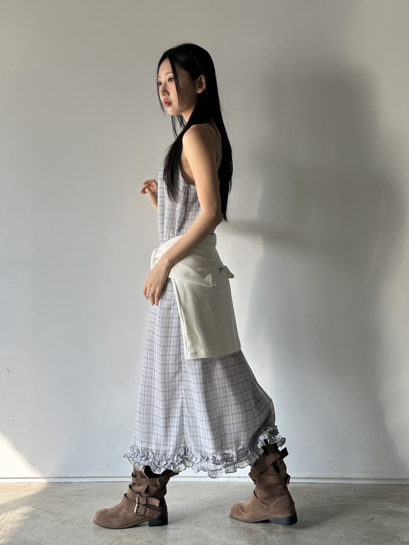 I MFACT東大門實拍女士新品職業真品人氣連衣裙荷葉邊格紋I MFACT連衣裙