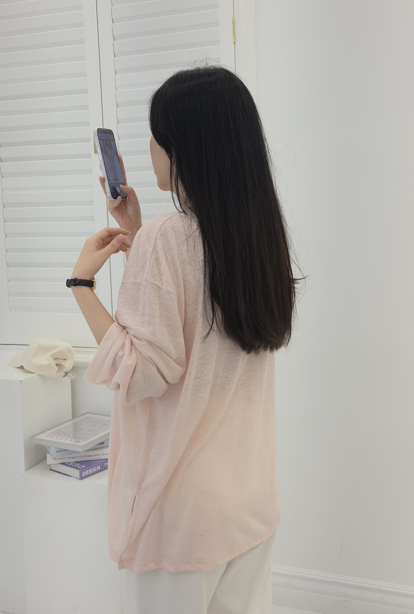 NOTHING韓國直郵㊣女裝新品熱賣休閑推薦人氣25春夏長袖T恤亞麻NOTHING長袖T恤