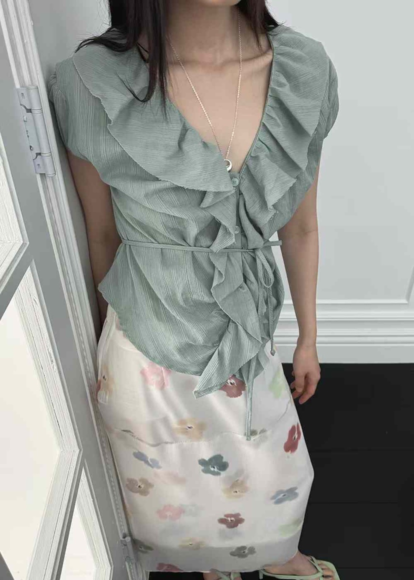 FOUNDATION韓國直郵㊣女裝新品熱賣人氣時尚襯衫蕾絲衫含腰繩FOUNDATION襯衫/蕾絲衫