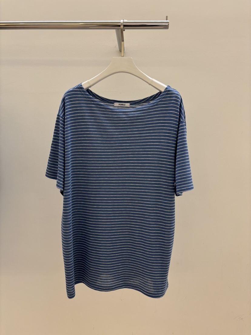 PEBBLE韓國直郵㊣女裝新品25春夏人氣時尚推薦T恤亞麻布露肩PEBBLE/LAYERT恤圖色2