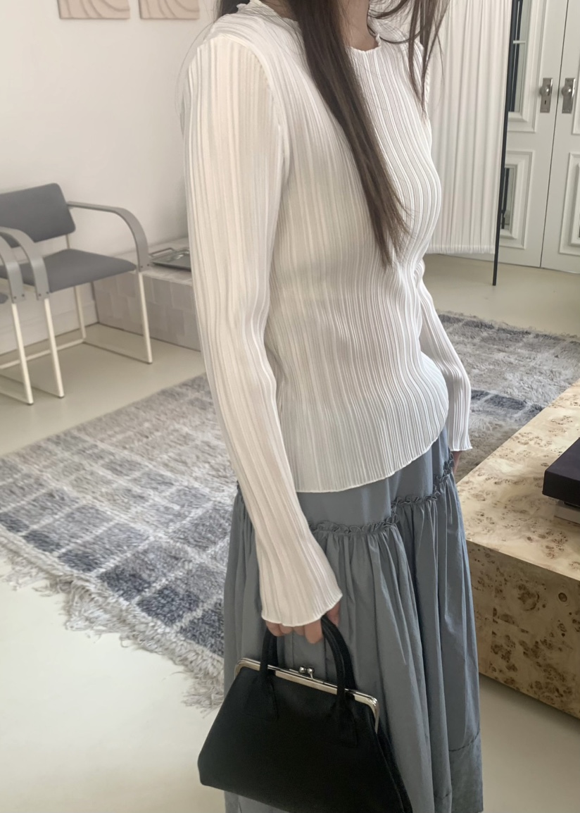 PEBBLE韓國直郵㊣女裝新款推薦熱賣休閑人氣25春夏長袖T恤褶皺PEBBLE/LAYER長袖T恤