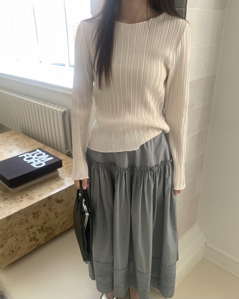 PEBBLE韓國直郵㊣女裝新款推薦熱賣休閑人氣25春夏長袖T恤褶皺PEBBLE/LAYER長袖T恤