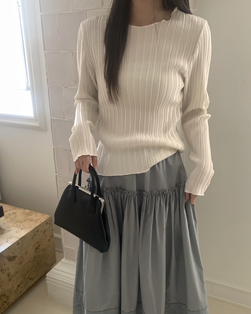 PEBBLE韓國直郵㊣女裝新款推薦熱賣休閑人氣25春夏長袖T恤褶皺PEBBLE/LAYER長袖T恤