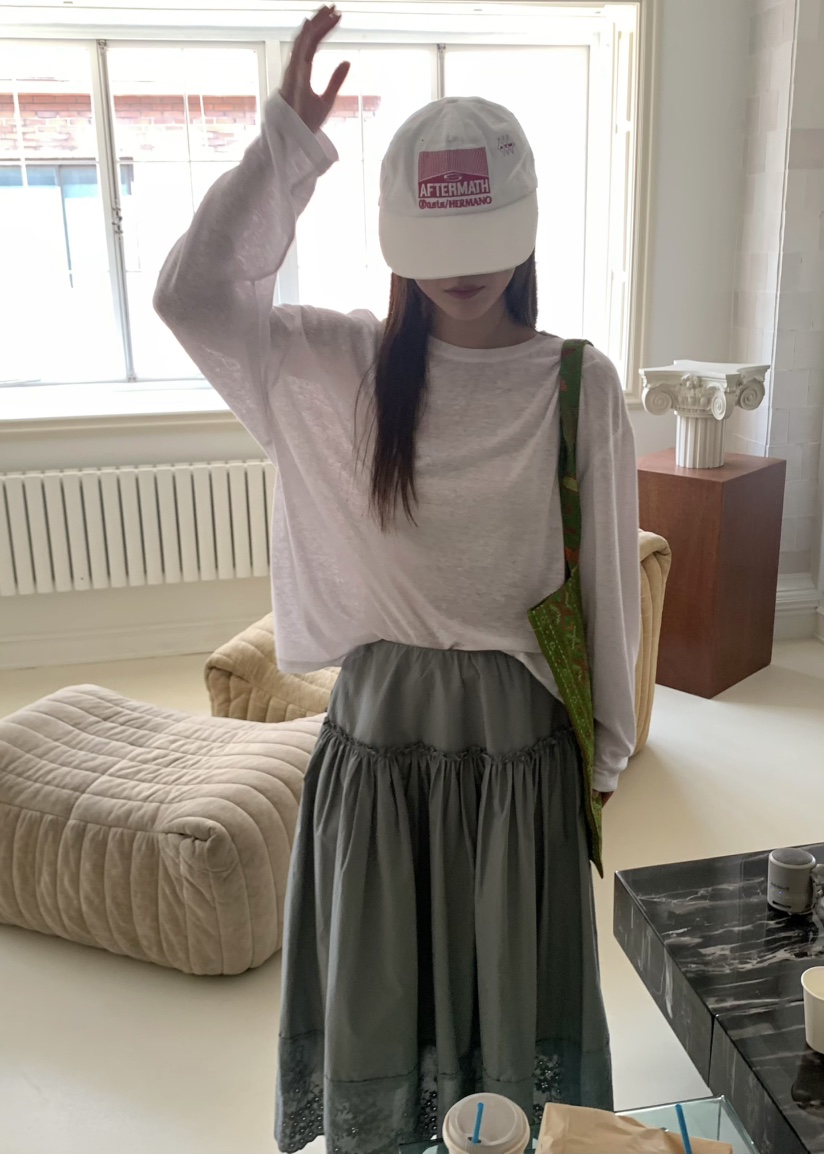 PEBBLE直郵韓國代購㊣女裝新款休閑推薦25春夏長袖T恤透明亞麻PEBBLE/LAYER長袖T恤