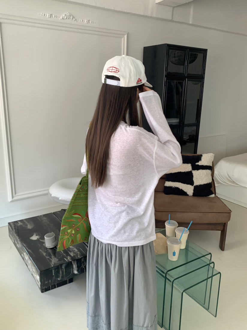 PEBBLE直郵韓國代購㊣女裝新款休閑推薦25春夏長袖T恤透明亞麻PEBBLE/LAYER長袖T恤