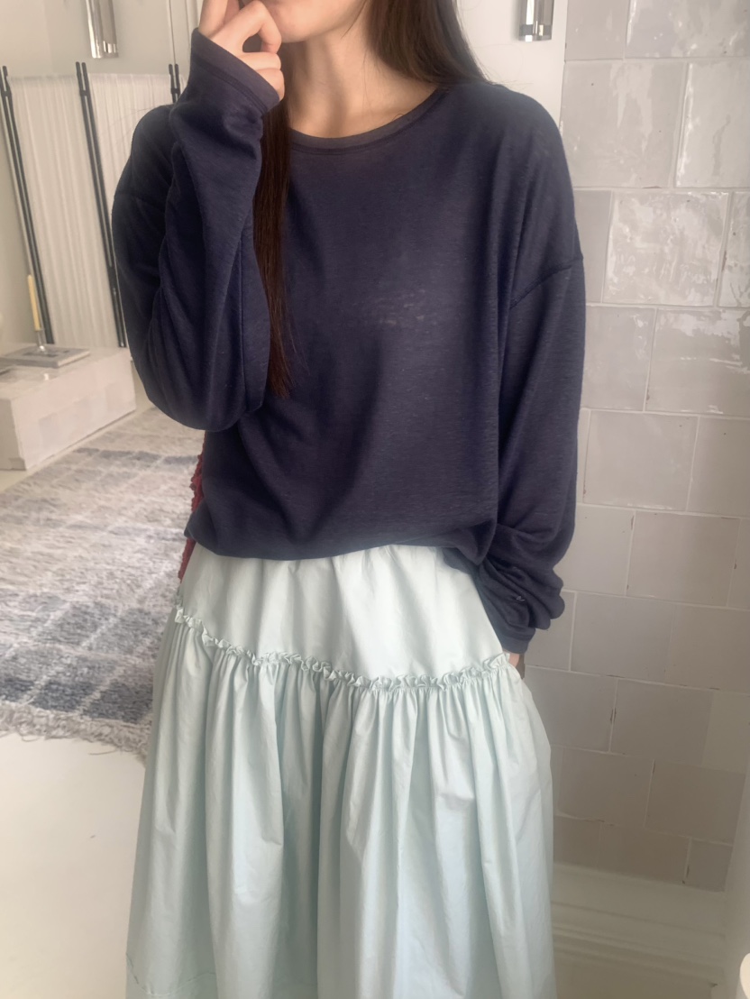 PEBBLE直郵韓國代購㊣女裝新款休閑推薦25春夏長袖T恤透明亞麻PEBBLE/LAYER長袖T恤