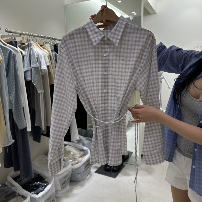 ASHTOE韓國直郵㊣東大門實拍女裝新品25春夏襯衫蕾絲衫含腰繩格紋ASHTOE襯衫/蕾絲衫圖色2