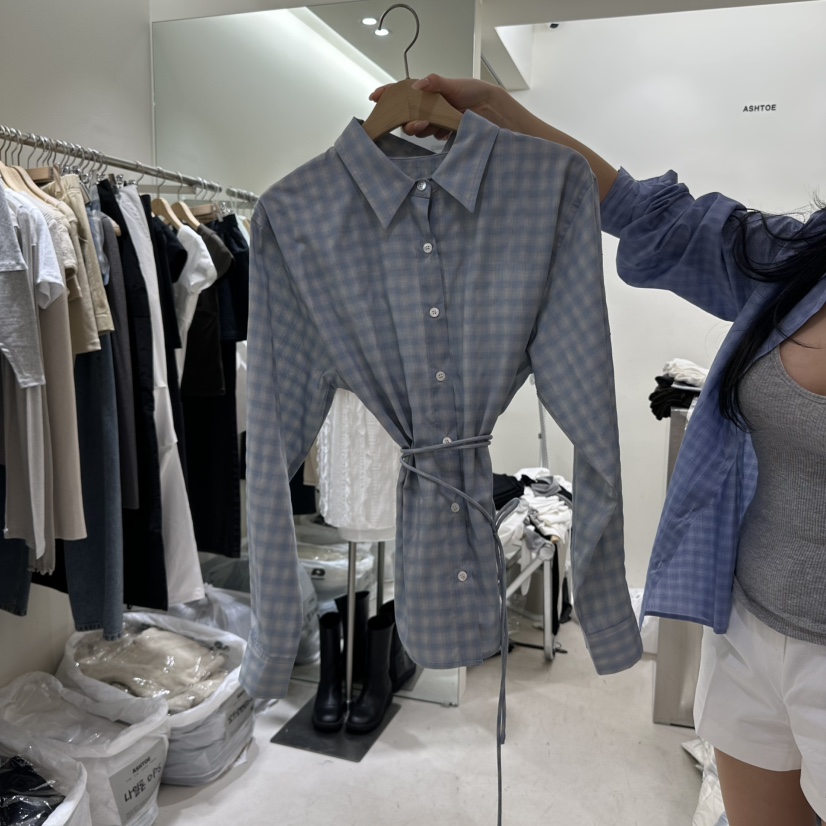 ASHTOE韓國直郵㊣東大門實拍女裝新品25春夏襯衫蕾絲衫含腰繩格紋ASHTOE襯衫/蕾絲衫圖色3