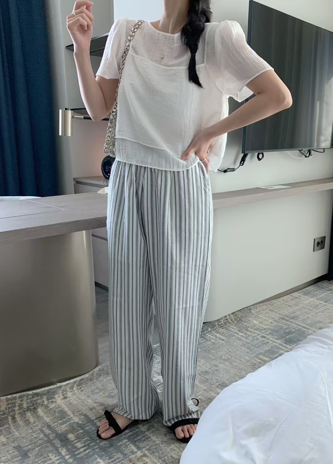 MELLOUNGE-멜라운지-T東大門代購女士新品推薦襯衫蕾絲衫假兩件緊身MELLOUNGE-T襯衫/蕾絲衫