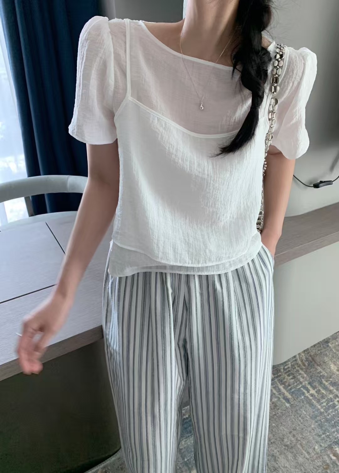 MELLOUNGE-멜라운지-T東大門代購女士新品推薦襯衫蕾絲衫假兩件緊身MELLOUNGE-T襯衫/蕾絲衫