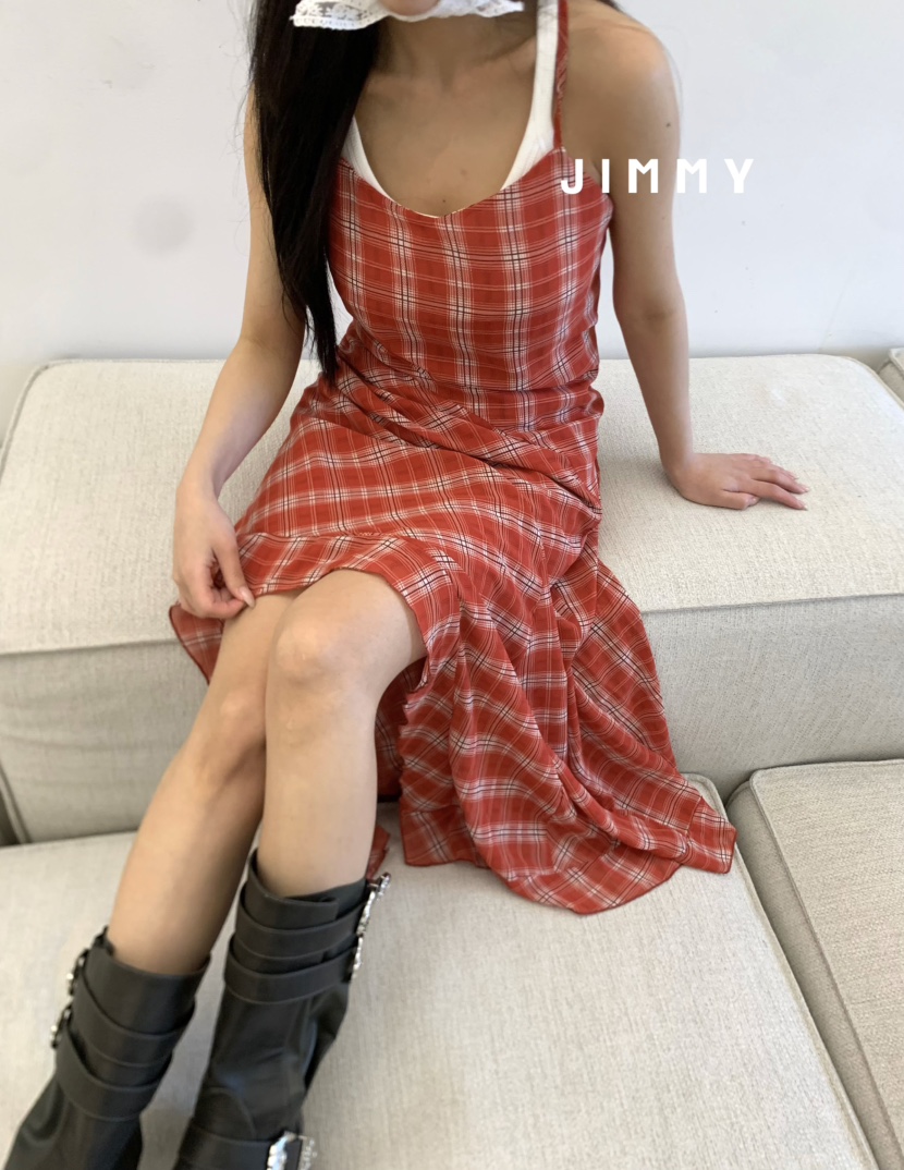 JIMMY韓國㊣直郵東大門代購女裝新款熱賣25春夏長裙不含內搭格紋JIMMY/REMAKE長裙